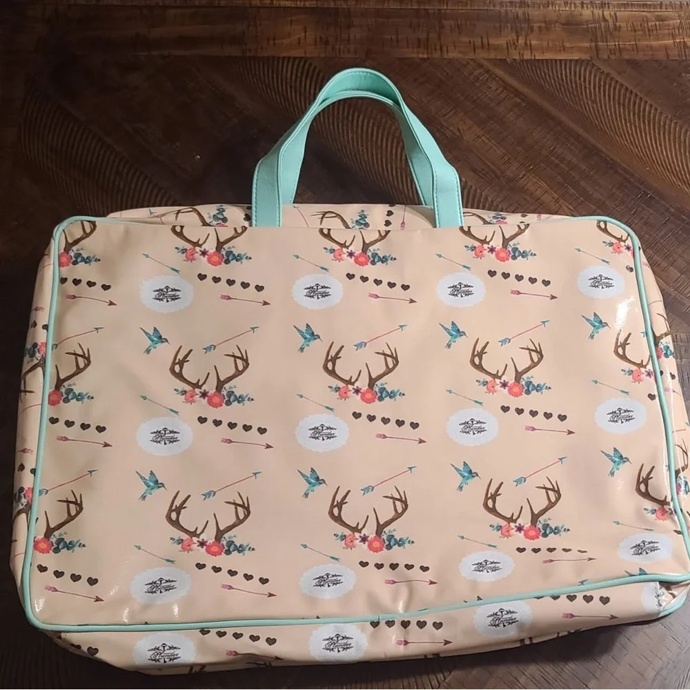 Plunder Floral Deer Antler Print Tan Teal Women's briefcase utility travel bag